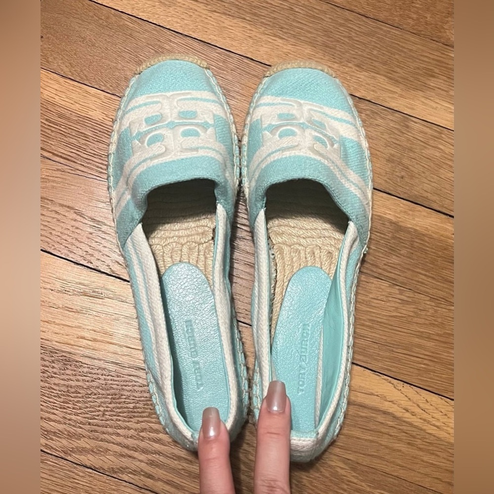 NIB Tory Burch Logo Jacquard Double T Striped Light Aqua  Ash Espadrilles Size 7